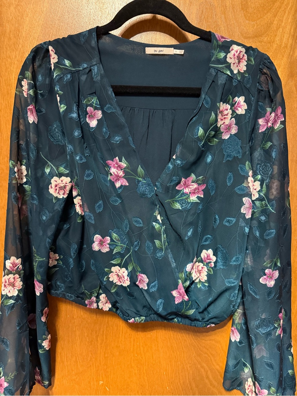 miami Teal Floral Wrap Blouse with Pink Blooms